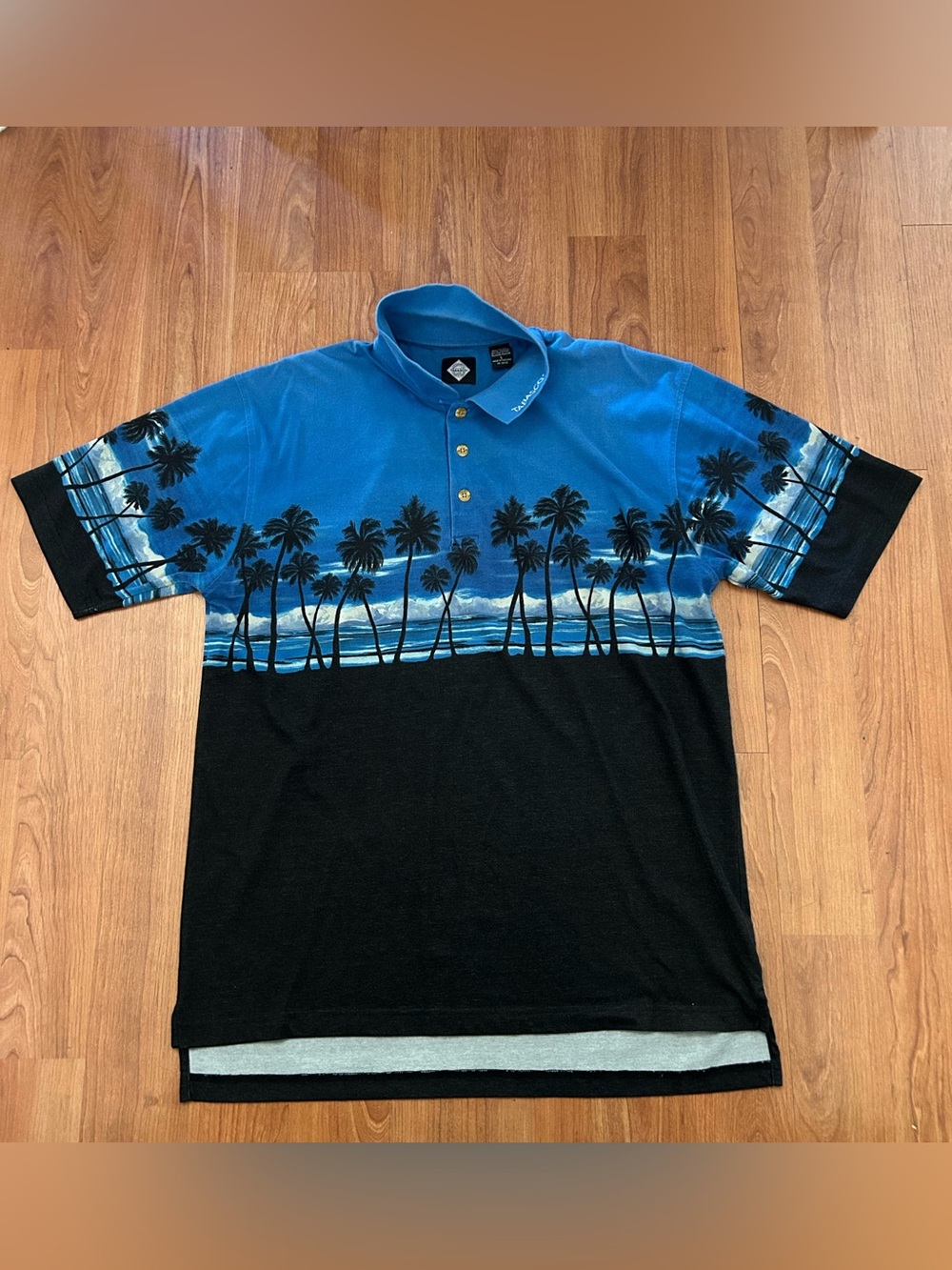 Vintage Tabasco Sportswear Mens Large Polo Shirt Tropical Blue Faded Black